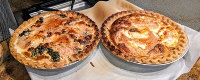 A kale/pancetta quiche, plus a regular cheese one, and unfortunately I didn't adjust the cooking time (to reflect two and more thermal mass) so they needed a few extra minutes after this pic